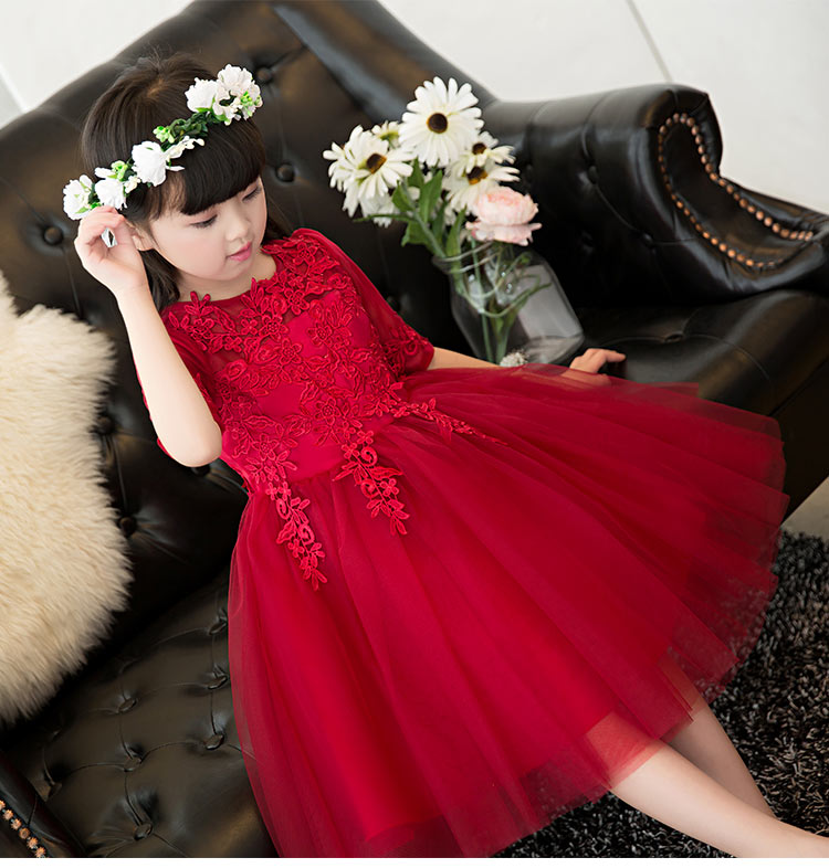 Pre-order ชุดราตรีเด็ก ชุดออกงาน ชุดกระโปรง สไตล์เจ้าหญิง แขนยาว แต่งผ้าลูกไม้ช่วงอก กระโปรงตาข่าย มีซิปหลัง