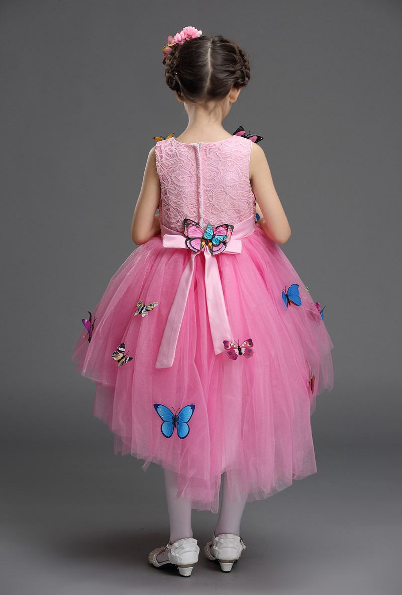 Pre-order ชุดราตรีเด็ก หน้าสั้นหลังยาว แขนกุด ผ้าลูกไม้ กระโปรงตาข่าย แต่งผีเสื้อสามมิติ สวยหวานน่ารักมาๆ