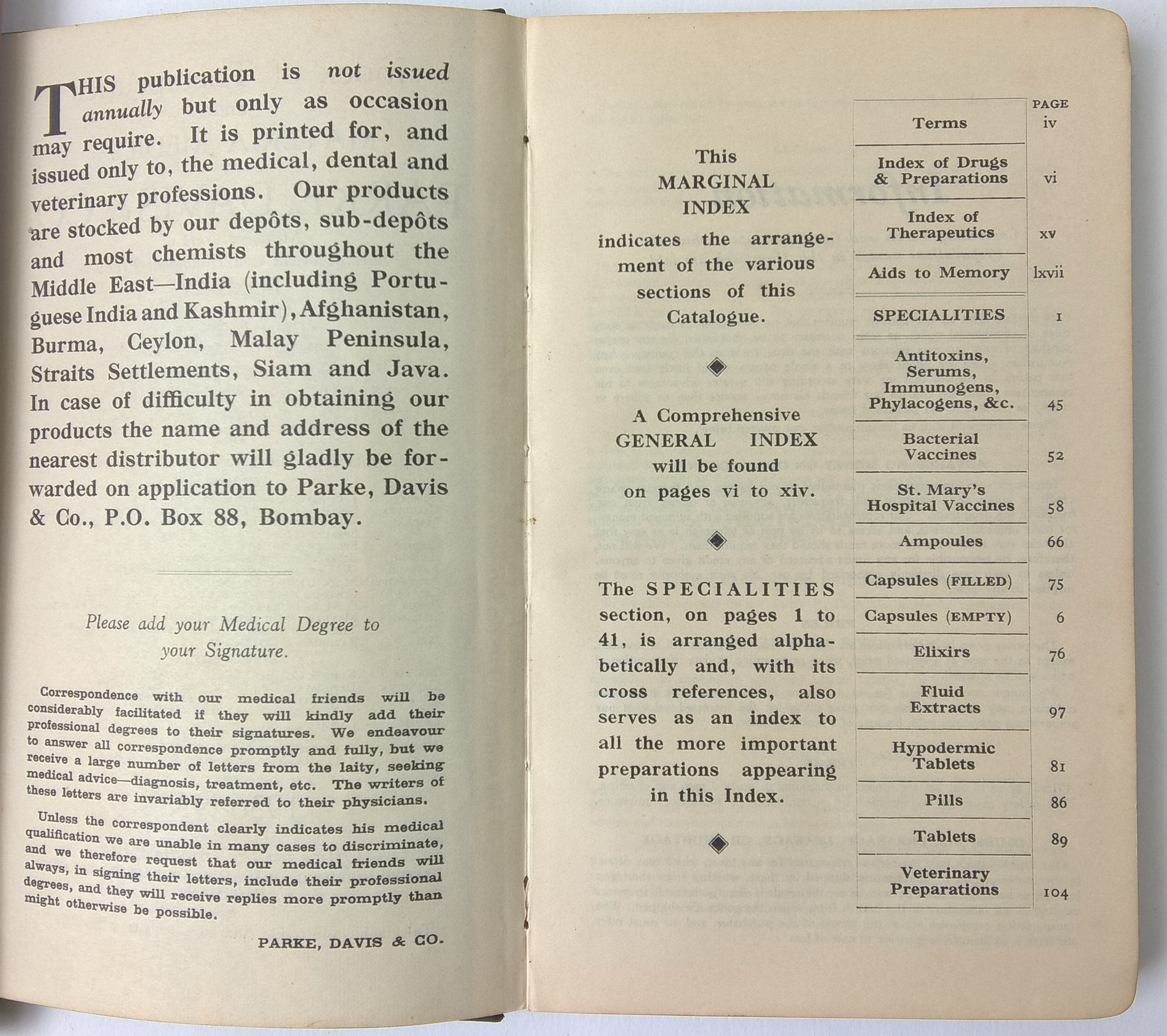 หนังสือเก่าฉบับภาษาอังกฤษ "PARKE DAVIS&COS. INDEX OF THERAPEUTICS AND MATERIA MEDICA" MIDDLE EAST EDITION 1936-1938