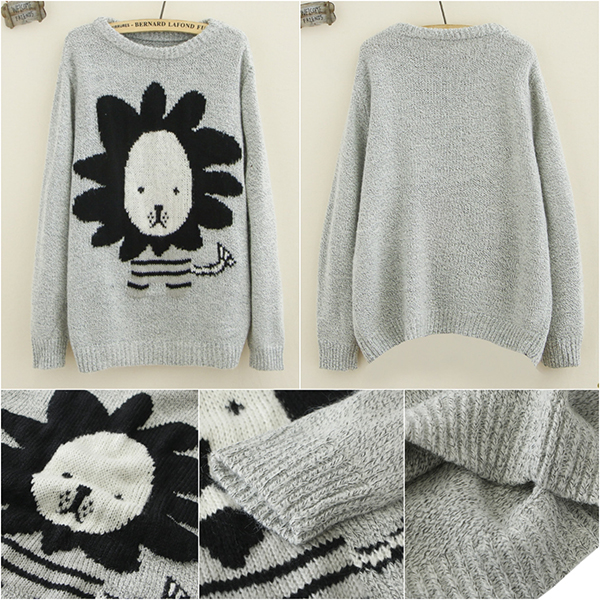 เสื้อไหมพรมกึ่งวูลผ้าหนานุ่ม ถักลายสิงโต (12053LM)