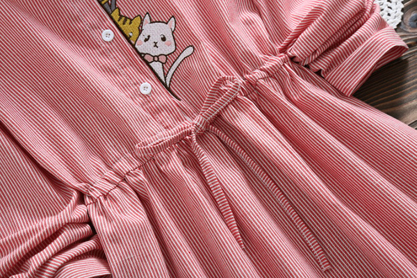 เดรสเชิ้ตแขนยาว เอวผูกจั๊ม ปักลายแมวน่ารัก (12296LM)