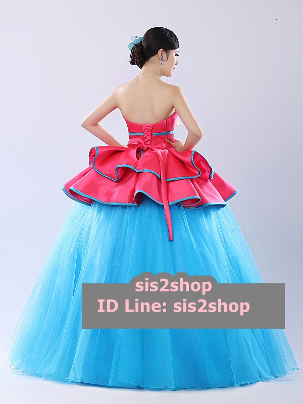 พร้อมเช่า ชุดแฟนซี ชุดราตรียาว สีฟ้า แต่งระบายสีบานเย็นสวย สองชั้น