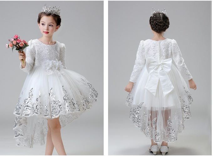 Pre-order ชุดราตรีเด็ก หน้าสั้นหลังยาว แขนยาว กระโปรงตาข่าย แต่งดอกไม้ช่วงเอว ปักเลื่อมที่ชายกระโปรง แต่งโบว์ด้านหลัง สวยน่ารัก