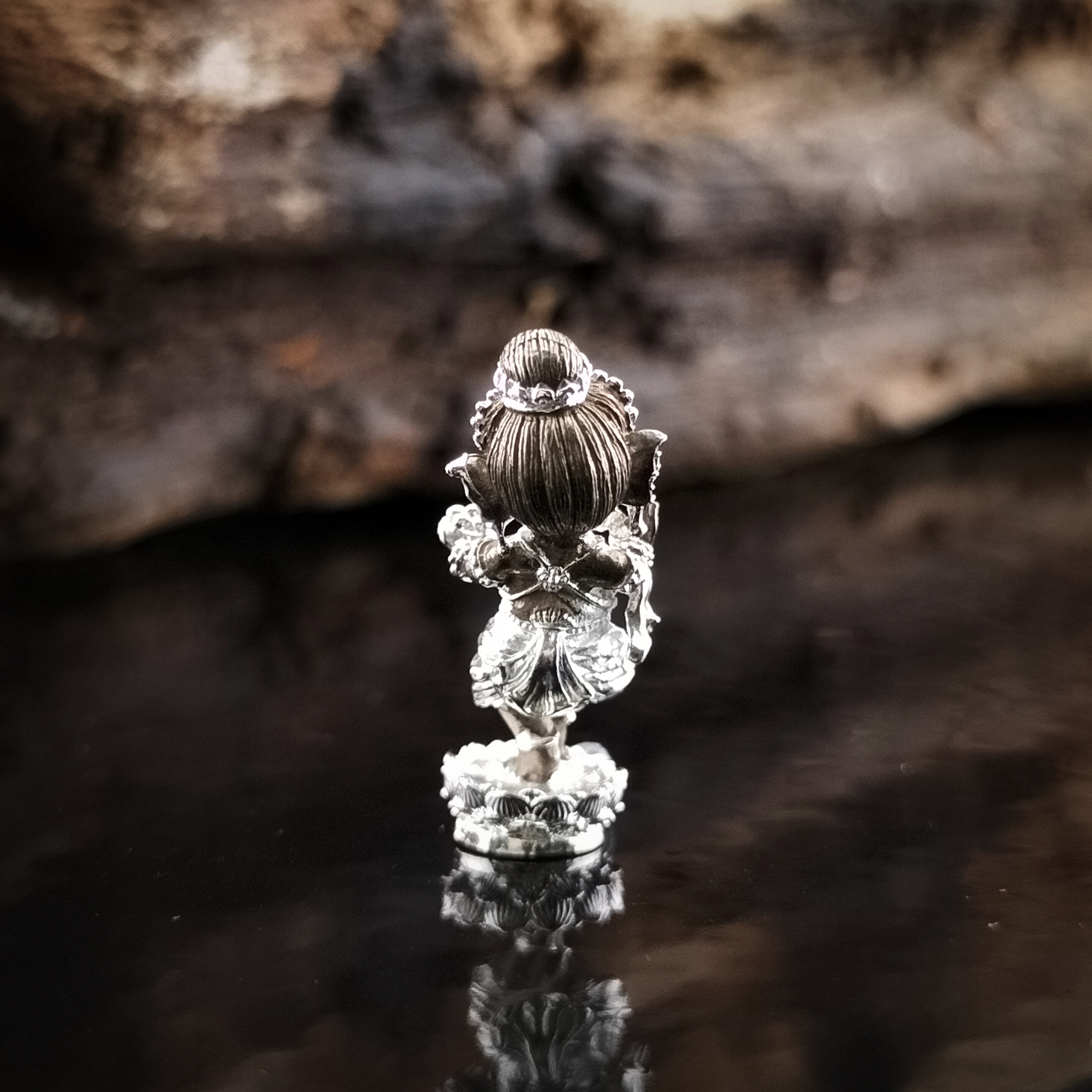 พระพิฆเนศน้อย คเณศนาฏย รหัส 7.3 เนื้อบรอนซ์ชุบแบล็คลายเงิน