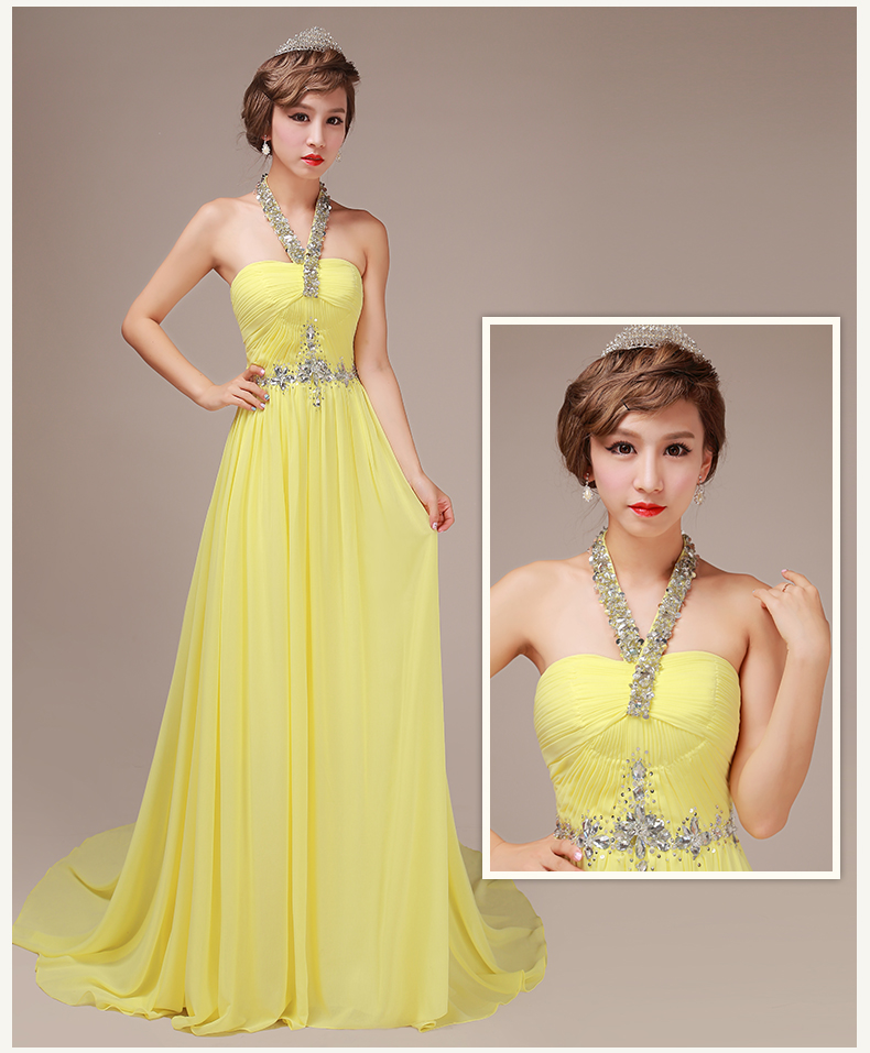 Pre-order ชุดราตรียาว สีเหลือง แบบคล้องคอ แต่งเพรชช่วงอก จับจีบ กระโปรงชีฟอง ซิปหลัง