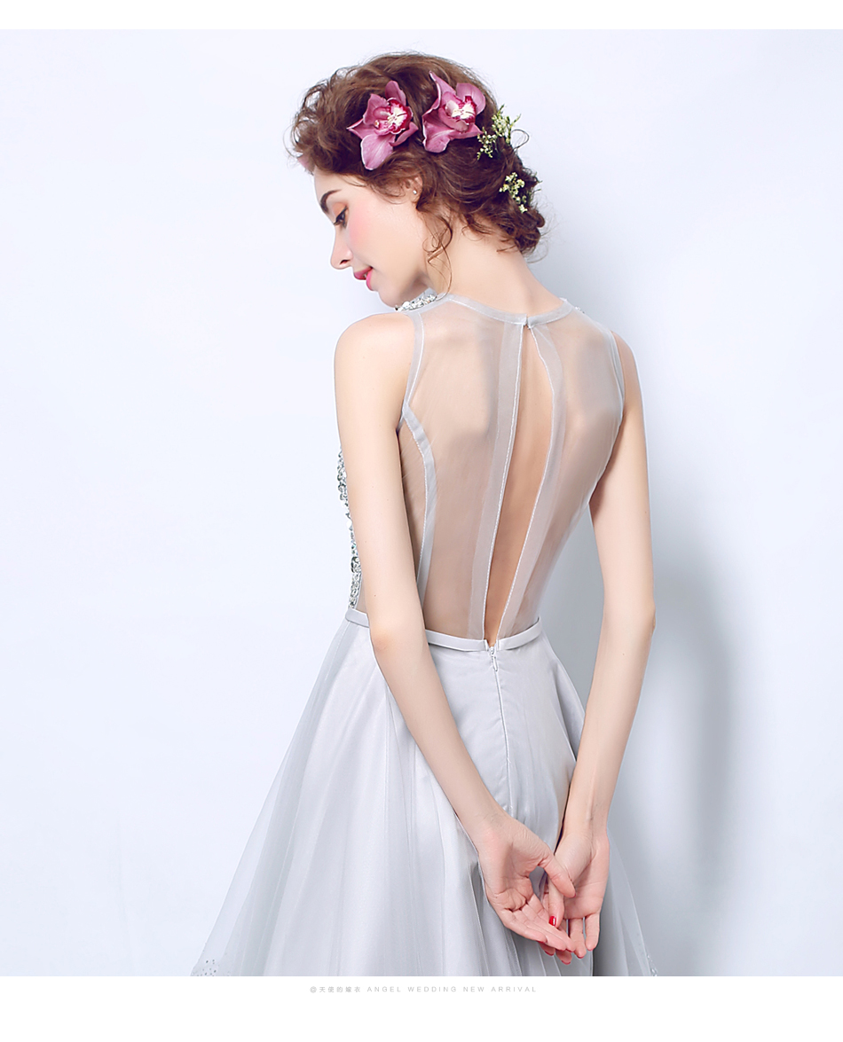 Pre-order ชุดแฟนซี ชุดเจ้าสาว ชุดราตรีสั้น สีเทาอ่อน แขนกุด ปักเลื่อมช่วงบน กระโปรงตาข่าย สวยหรู