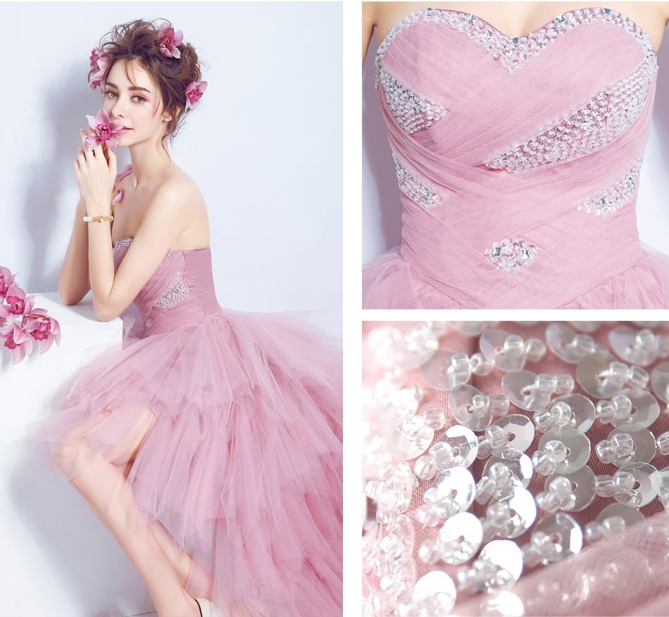 Pre-order ชุดแฟนซี ชุดราตรีสั้น หน้าสั้นหลังยาว สีชมพู เกาะอก จับจีบ ปักเลื่อมช่วงอก กระโปรงเป็นชั้น เชือกผูกหลัง