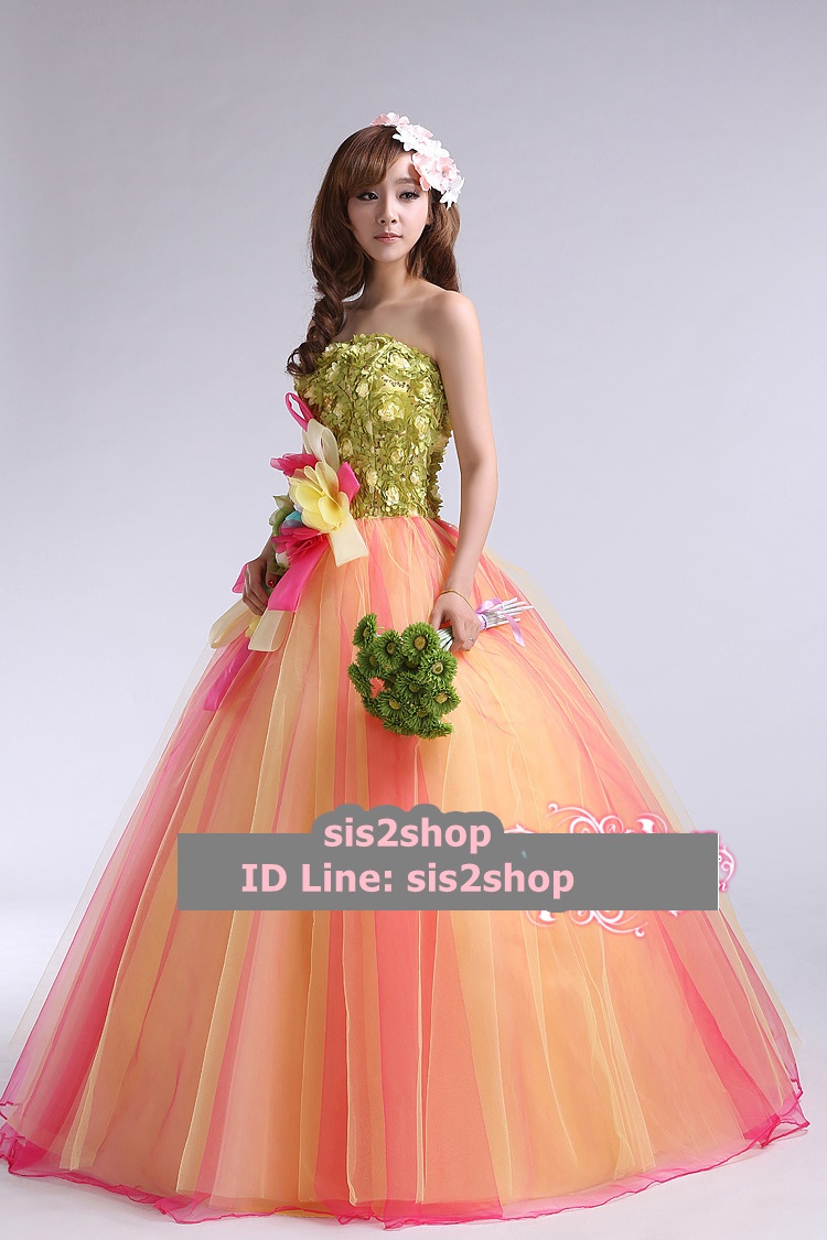 พร้อมเช่า ชุดแฟนซี ชุดราตรี สีส้ม แต่งลูกไม้ 3D สีเขียว (เชือกผูกหลัง)