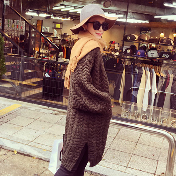 เสื้อโค้ทกันหนาวไหมพรมกึ่งวูลหนานุ่ม แต่งกระเป๋าคู่ (11986B)