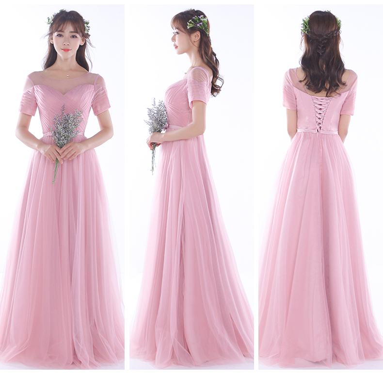 Pre-order ชุดเพื่อนเจ้าสาว สีชมพู กระโปรงตาข่าย เชือกผูกหลัง