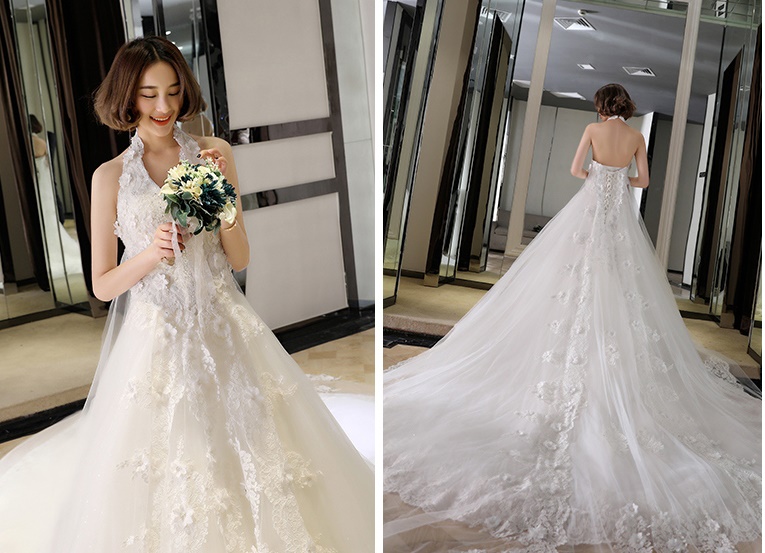 ชุดแต่งงาน คล้องคอ หางยาว เชือกผูกหลัง