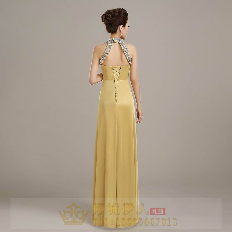 Pre-order ชุดราตรียาว คล้องคอ ผ้าซาติน ตีเกล็ดช่วงอก กระโปรงจับจีบ ปักเลื่อม แต่งเพชร เรียบหรู เซ็กซี่ เชือกผูกหลัง