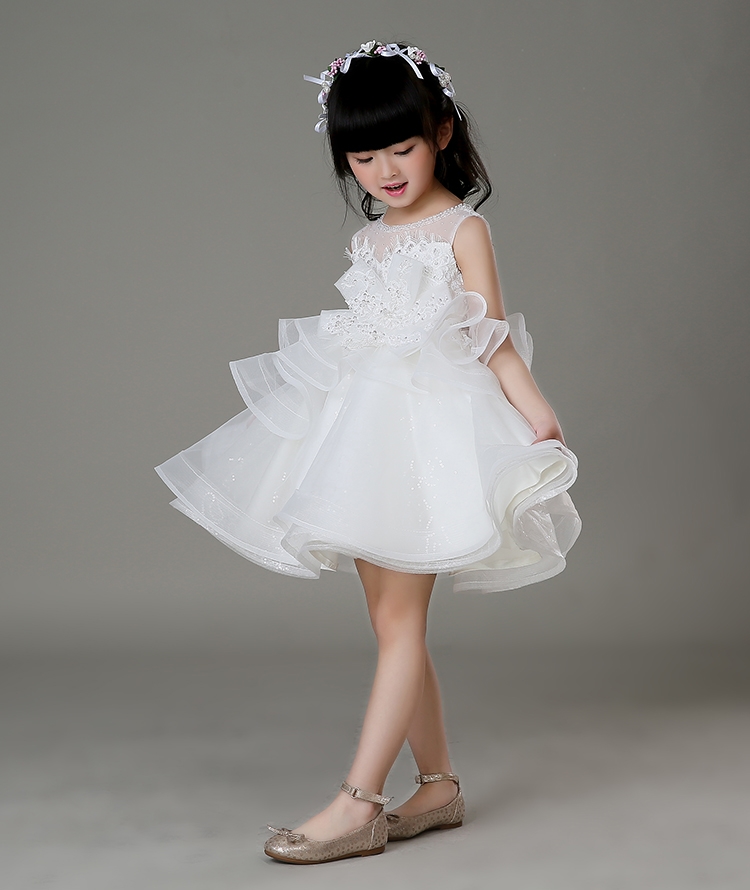 Pre-order ชุดราตรีเด็ก ชุดออกงาน ชุดกระโปรง สไตล์เจ้าหญิง แขนกุด ผ้าลูกไม้ช่วงอก ปักเลื่อม กระโปรงผ้าแก้ว เป็นชั้น ๆ มีซิปหลัง