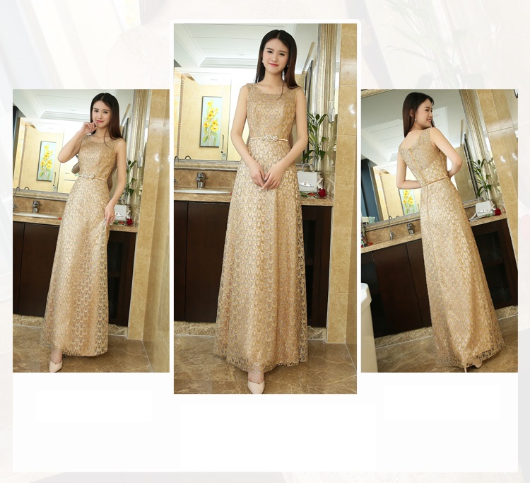 Pre-order ชุดราตรียาว แขนกุด สีทอง แต่งเกล็ดระยิบระยับ เข็มขัดรูปดอกไม้เข้าชุด ซิปหลัง