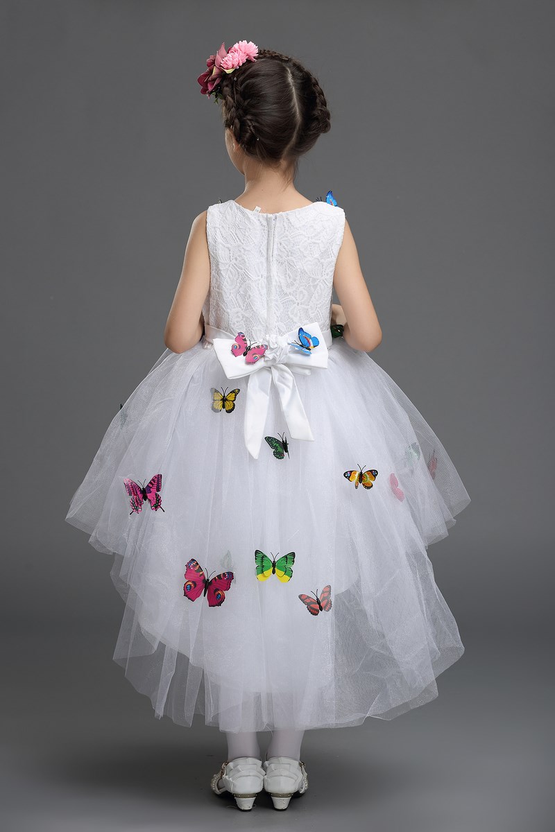 Pre-order ชุดราตรีเด็ก หน้าสั้นหลังยาว แขนกุด ผ้าลูกไม้ กระโปรงตาข่าย แต่งผีเสื้อสามมิติ สวยหวานน่ารักมาๆ