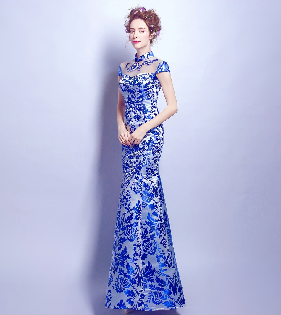 Pre-order ชุดแฟนซี ชุดราตรียาว คอจีน สีน้ำเงิน ทรงหางปลา สวยหรู