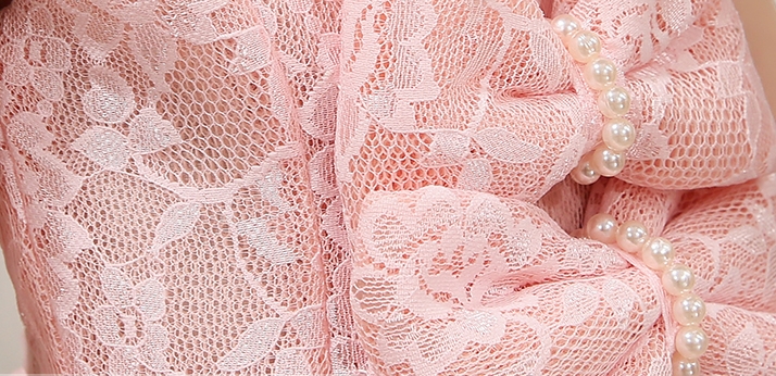 Pre-order ชุดราตรีเด็ก ชุดออกงาน ชุดกระโปรงสไตล์เจ้าหญิง แขนกุด คอวี ผ้าลูกไม้ทั้งตัว แต่งโบว์ด้านหน้า มีซิปหลัง