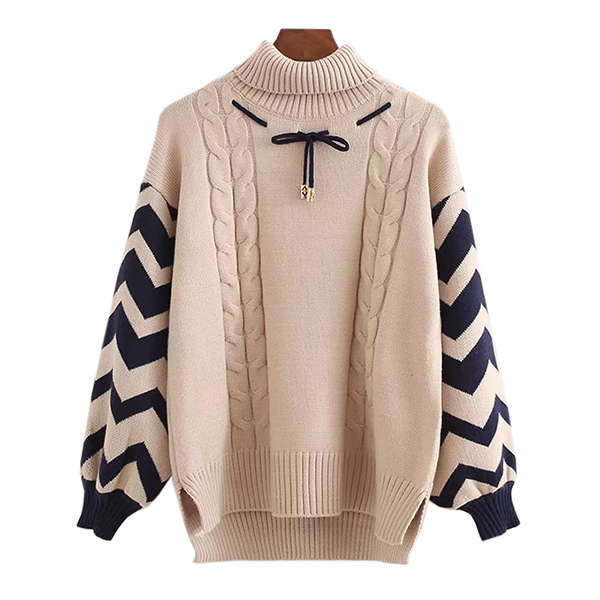 เสื้อคอเต่า เสื้อคอพับ เสื้อไหมพรมวูลแขนบอลลูนถักลาย (12161LM)