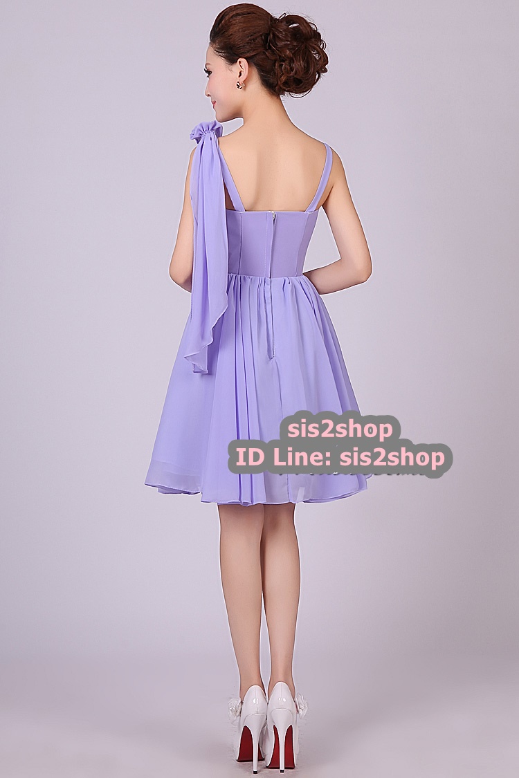 พร้อมส่ง ชุดราตรีสั้น เกาะอก ไหล่เดียว สีม่วง Lavender คาดผ้าจับเดรป ทิ้งชายด้านหลัง