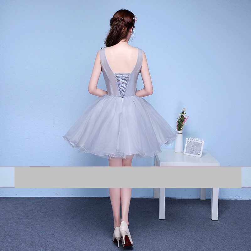 Pre-orderชุดแฟนซีชุดราตรีสั้นแขนกุดแต่งดอกไม้ช่วงอกกระโปรงผ้าแก้วสไตล์เจ้าหญิง