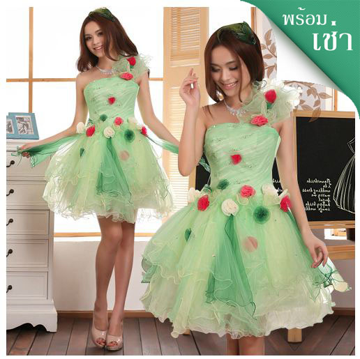 พร้อมเช่า ชุดแฟนซี ชุดราตรีสั้น สีเขียว/เหลือง แต่งดอกไม้หลากสี ชายหยัก ฟูสวย สำเนา