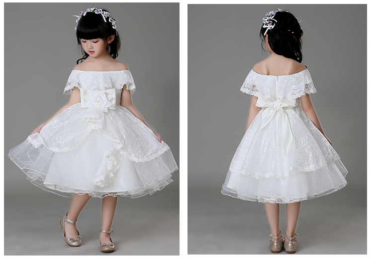 Pre-order ชุดราตรีเด็ก ชุดออกงาน ชุดกระโปรงสไตล์เจ้าหญิง แบบไหล่ปาด มีระบายช่วงอก แต่งดอกแต่งโบว์คาดเอว กระโปรงตาข่ายเป็นชั้น ๆ ซิปหลัง