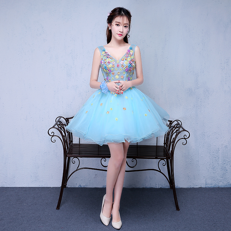 Pre-orderชุดแฟนซีชุดราตรีสั้นเกาะอกกระโปรงผ้าแก้วแต่งดอกไม้สไตล์เจ้าหญิง