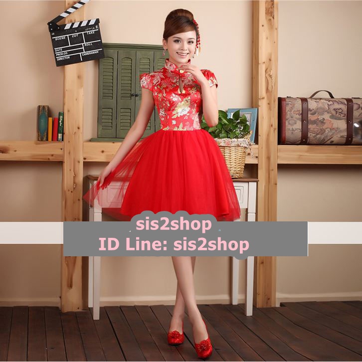พร้อมเช่า ชุดแฟนซี ชุดราตรีสั้น สีแดง คอจีน แขนสั้น กระโปรงตาข่าย พองสวย