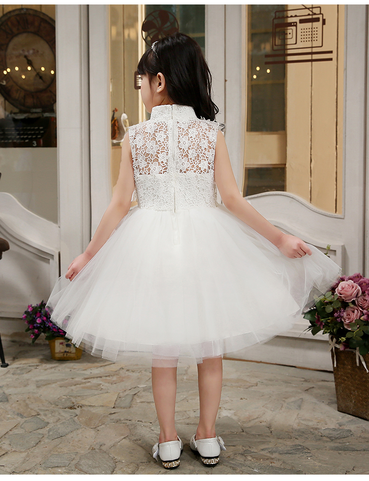 Pre-order ชุดราตรีเด็ก ชุดออกงาน ชุดกระโปรง แขนกุด คอจีน แต่งดอก แต่งเพชรช่วงอก กระโปรงตาข่าย ซิปหลัง