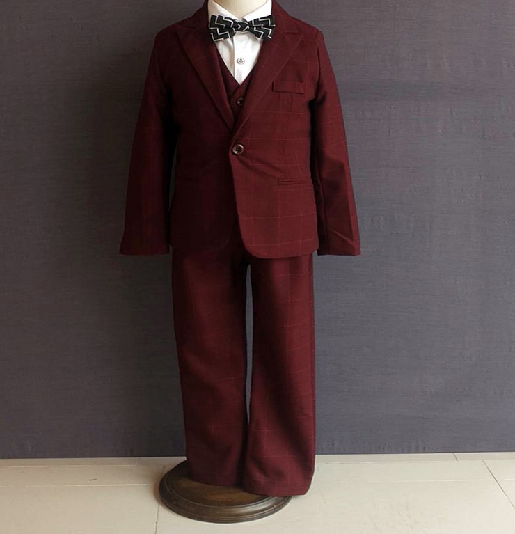 เช่า ชุดสูทเด็กชาย สีแดงเบอร์กันดี ลายตาราง สไตล์เกาหลี