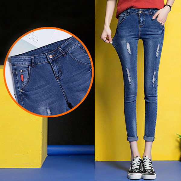 กางเกงยีนส์ทรงสกินนี่ ขายาวแปดส่วน แต่งขาแนวเซอร์ (11932X)