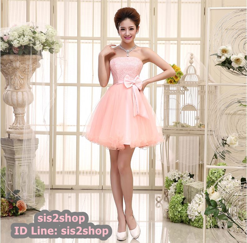 พร้อมส่ง ชุดราตรีสั้น เกาะอก สีโอรส กระโปรงตาข่ายสวย สายผูกด้านหลัง **เหลือเฉพาะไซส์ XL **