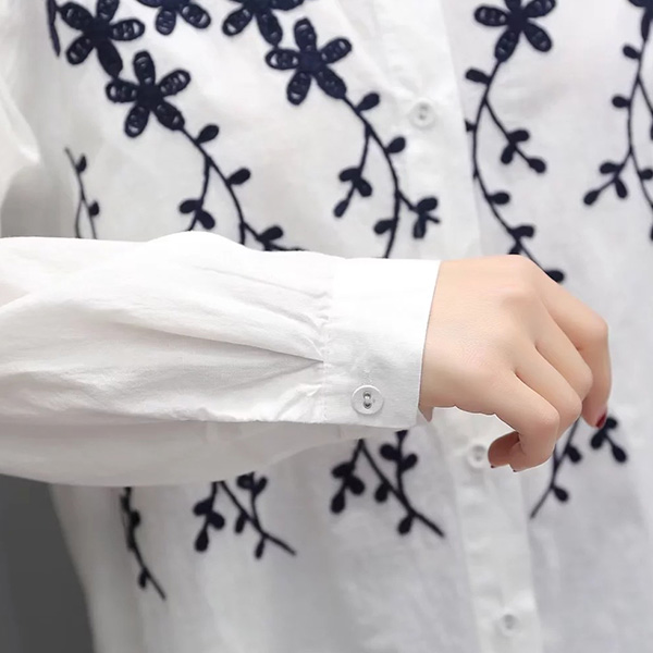 เสื้อเชิ้ตแขนยาว ปักลายดอกไม้สไตล์วินเทจ (12105LM)