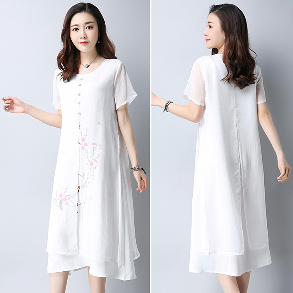 เดรสยาวผ้าฝ้ายญี่ปุ่นปักลายดอก ชายพริ้วสวย (11811M)