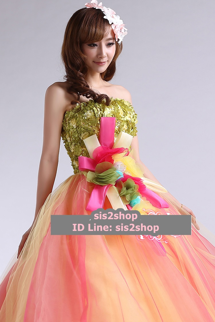 พร้อมเช่า ชุดแฟนซี ชุดราตรี สีส้ม แต่งลูกไม้ 3D สีเขียว (เชือกผูกหลัง)