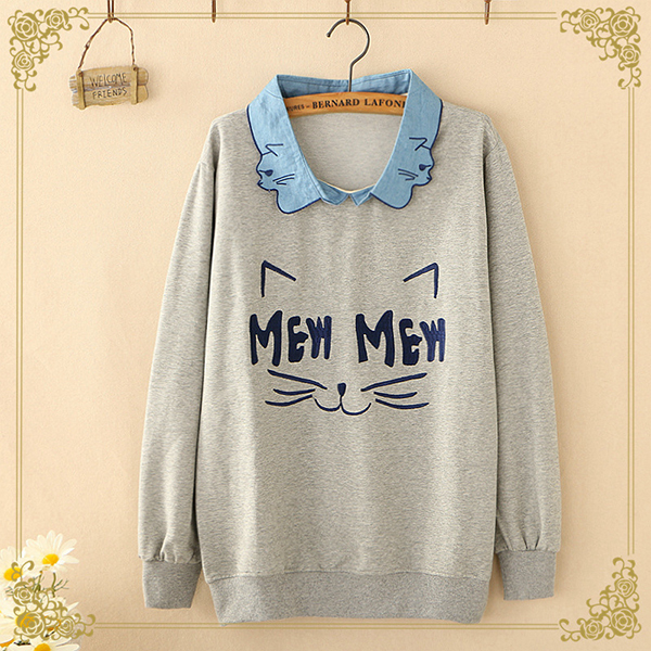 เสื้อสเวตเตอร์สไตล์วินเทจ คอปกเชิ้ต ผ้าคอตตอนนิ่มปักลายแมว (12318LM)