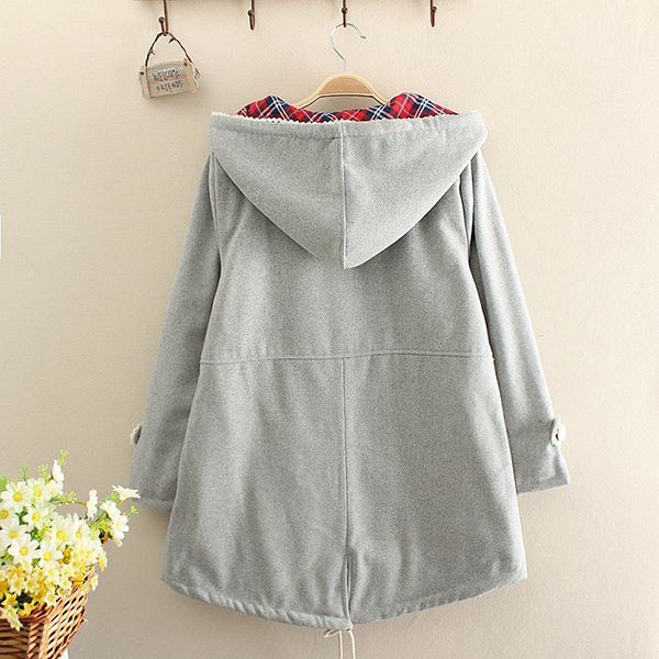 เสื้อโค้ทกันหนาวซับผ้าทอลายตาราง มีฮู้ด แต่งกระเป๋าลายไก่ (11384LM)