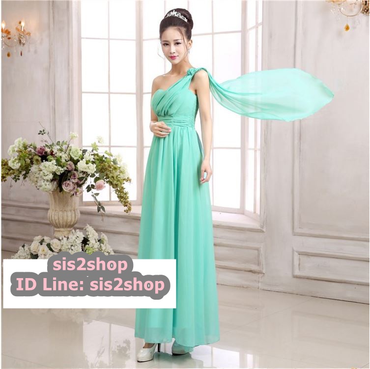 พร้อมส่ง ชุดเดรสยาว เกาะอก ไหล่เดียว จับสม๊อกด้านหลัง สีฟ้ามิ้น