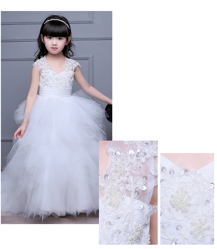 Pre-order ชุดราตรีเด็ก สไตล์เจ้าหญิง แขนกุด คอวี ปักเลื่อม แต่งผ้าลูกไม้ช่วงอก กระโปรงตาข่ายฟูฟ่อง ปล่อยชายยาวด้านหลัง