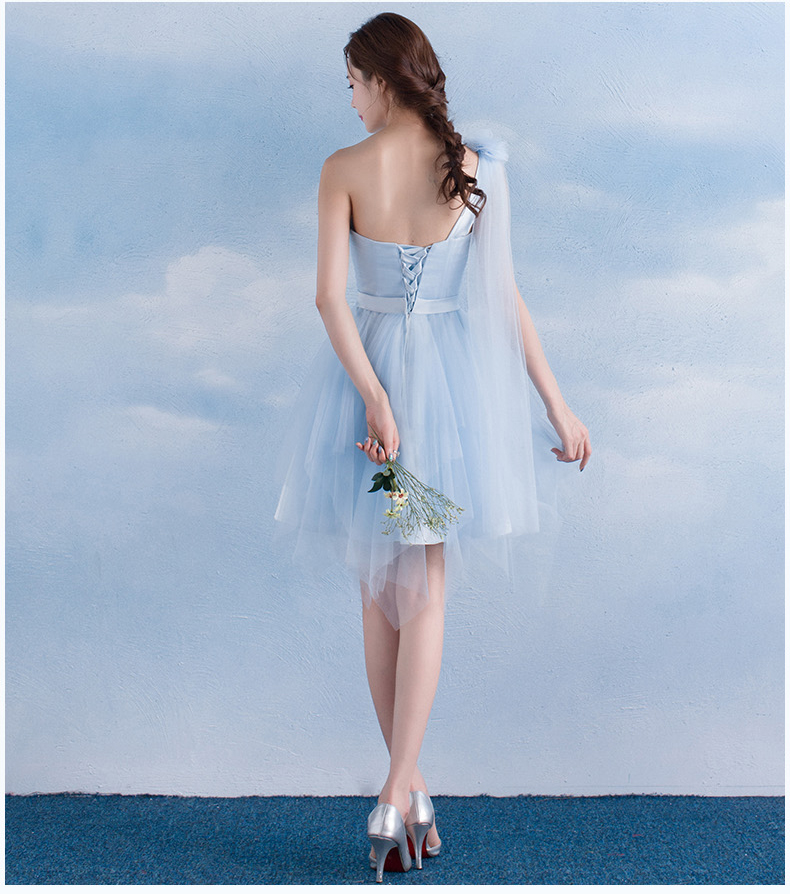 Pre-order ชุดราตรีสั้น เพื่อนเจ้าสาว กระโปรงตาข่าย มีหลายแบบ สีฟ้า (เชือกผูกหลัง)