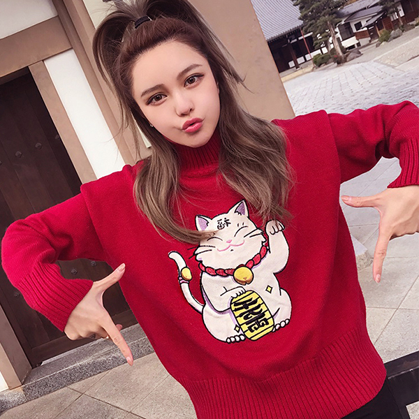 เสื้อไหมพรมคอเต่า แขนยาว ปักผ้ากำมะหยี่ลายแมว (12269B)