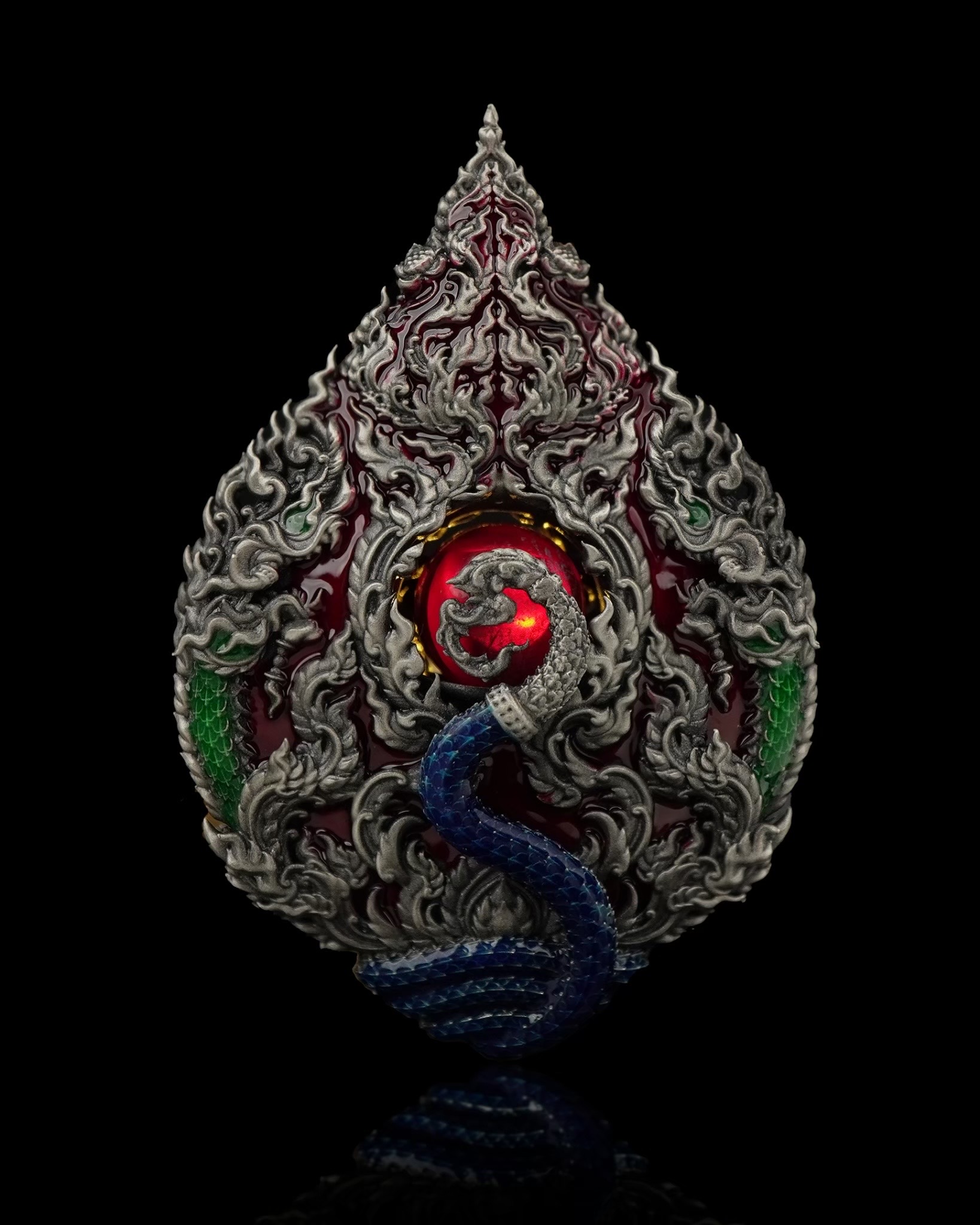 เหรียญมณีนาคราชแก้วบุญฤทธิ์ รหัส1 เนื้อเงินแท้รมซาติน ลงยาแดงเขียว