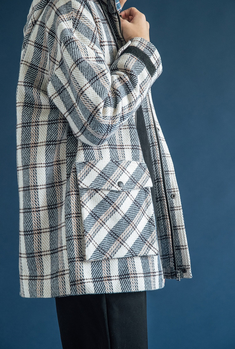 เสื้อโค้ทผ้าวูลลายสก๊อต หนาอุ่น แต่งฮู้ดใหญ่ (10314MM)