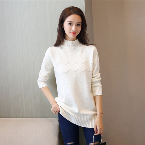 เสื้อสเวตเตอร์ไหมพรมคอเต่าตัวยาว ผ้าหนานุ่มถักลายนูน (12167B)