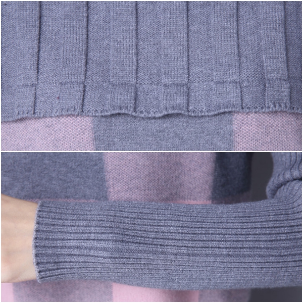 เดรสไหมพรมคอเต่า แขนยาว ถักลายตาราง (12219B)