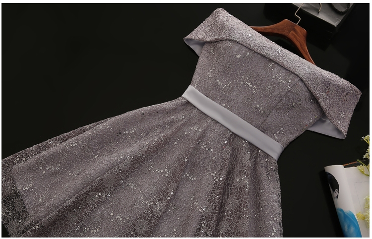 Pre-order ชุดราตรีสั้น แบบไหล่ปาด ผ้าลูกไม้ ปัดเลื่อม กระโปรงสั้น พร้อมโบว์ เชือกผูกหลัง