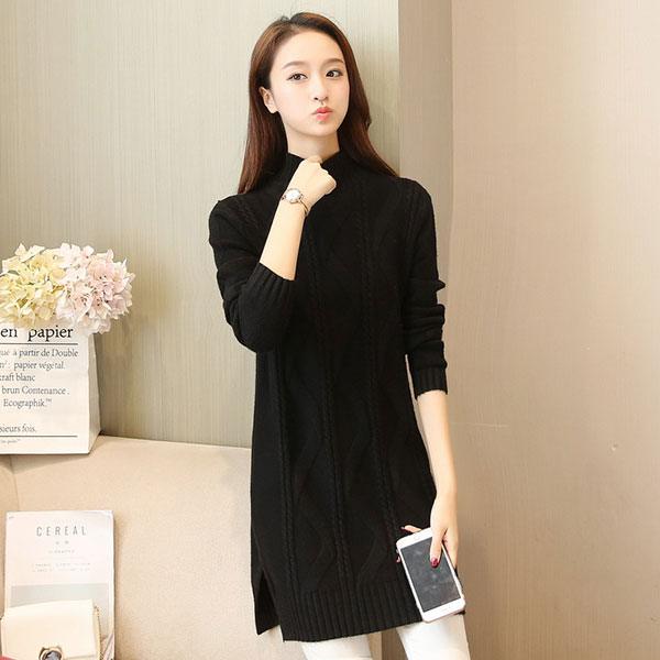 เดรสคอเต่ากันหนาว ไหมพรมวูลหนานุ่มถักลาย (12067B)