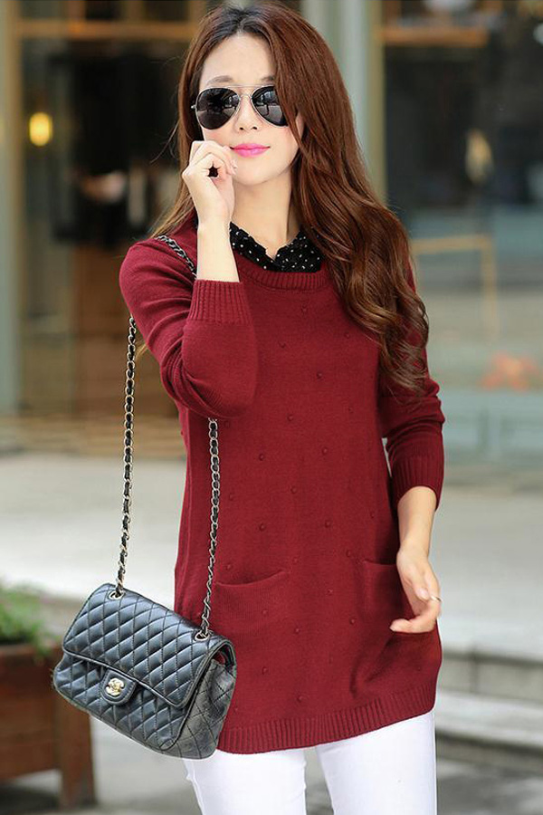 เสื้อสเวตเตอร์ไหมพรม คอปกเชิ้ตลายจุด แต่งกระเป๋าคู่ (12217B)