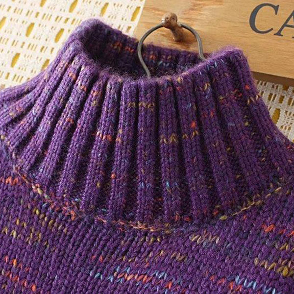 เดรสคอเต่ากันหนาวตัวยาว ไหมพรมวูลหนาถักสลับสี (12029LM)