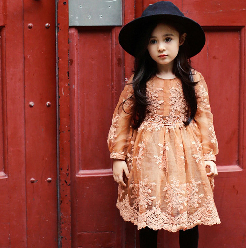 Pre-Order ชุดราตรีเด็ก ชุดเดรส ลูกไม้ แขนยาว กระโปรงจับจีบ สีส้ม สีเทา